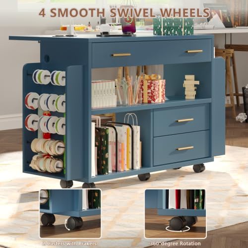 Gift Wrap Storage Cart with Foldable Drop Leaf, Crafting Table with Storage - Image 6
