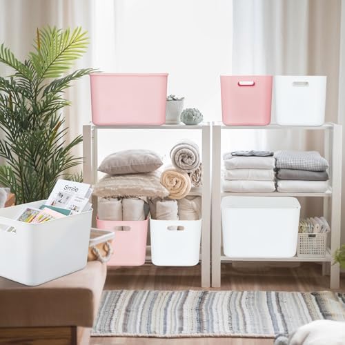 Hoolerry 8 Pieces Storage Bins, 14.2 x 10.2 x 9.5 Inch, White and Pink - Image 5