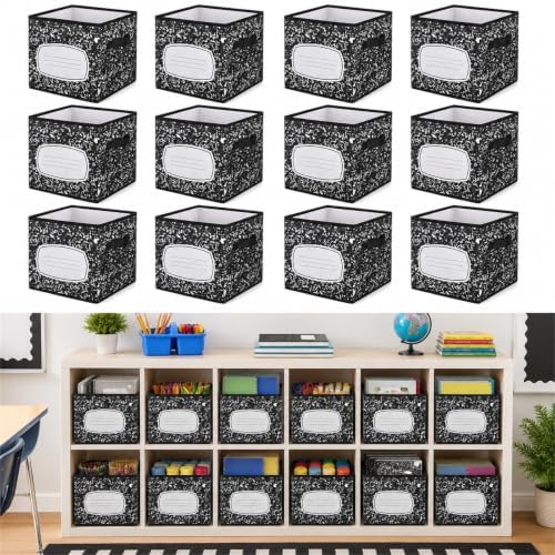 Yookeer 12 Pcs 11 Inch Composition Notebook Fabric Storage Cube Bin with Handle Zebra Print Foldable Classroom Container Cubby Basket for Back to School Decoration Office Home Nursery Organizer by Yookeer