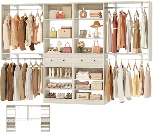 [10 FT Closet System] 120 Inch Reversible Set of 2 Wood Closet Organizer System with 2 Drawers, 4 Hanging Rods Adjustable Shelf, Walk In Closet Organizers with Shoe Rack, Garment Rack, White Oak by Besiost