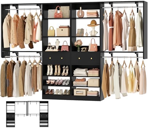 [10 FT Closet System] 120 Inch Reversible Set of 2 Wood Closet Organizer System with 2 Drawers, 4 Hanging Rods Adjustable Shelf, Walk In Closet Organizers with Shoe Rack, Garment Rack, Black by Besiost