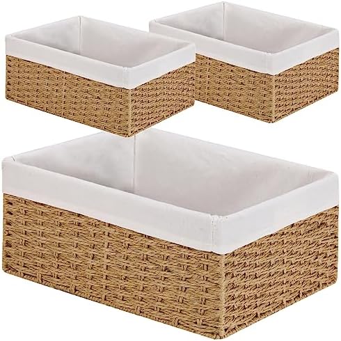 Vagusicc Wicker Storage Basket, 3-Pack Woven Paper Rope Wicker Baskets with Handles, Large Wicker Basket Cube Storage Bins with Liners, Storage Baskets for Organizing Shelves & Decor, Natural by Vagusicc