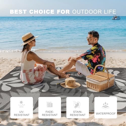 wikiwiki 9x12ft Outdoor Rug, Reversible Plastic Patio Rug Waterproof, Indoor Outdoor Carpet Clearance, Large Area Carpet for Patio Deck Balcony Pool RV Camping Beach Picnic, Grey Small Leaves - Image 3