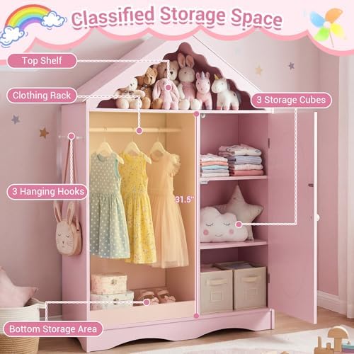 Costzon Kids Dress Up Storage with Mirror, Roofed Wardrobe Closet with Open Hanging Rack, Shelves & Hooks for Children, Kids Armoire & Costume Organizer for Bedroom, Playroom (Pink) - Image 2