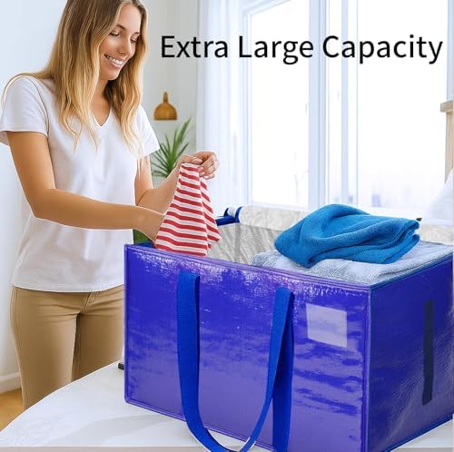 12 Pack-Extra Large Heavy Duty Moving Bags - Waterproof Storage Totes with Handles & Zippers, Foldable for College Dorm, Storage (Blue) - Image 4