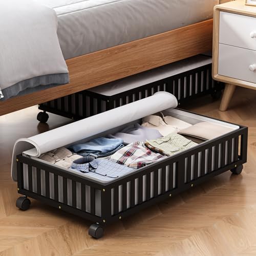 2 Pack Large Bamboo Under Bed Storage Containers with Wheels, Black by MHXWSXPN