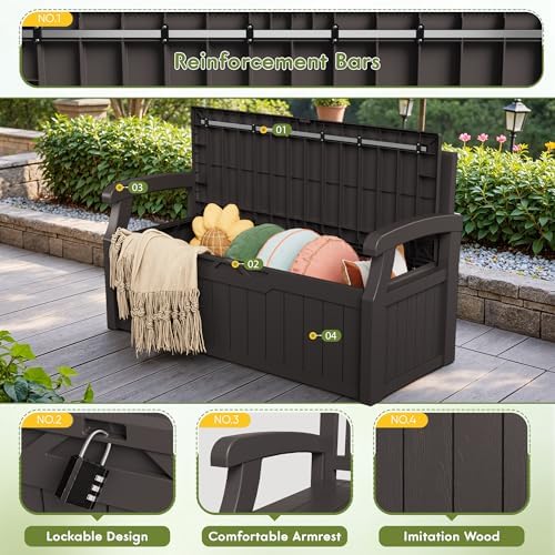 Greesum 80 Gallon Storage Bench Outdoor Deck Box with Armrest, Brown - Image 4