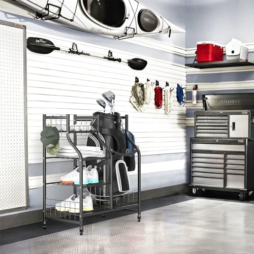 WALMANN Garage Golf Bag Stand, Large Golf Bag Storage with Golfing Accessories Storage Shelves Rolling Golf Bags Organizer - Image 2