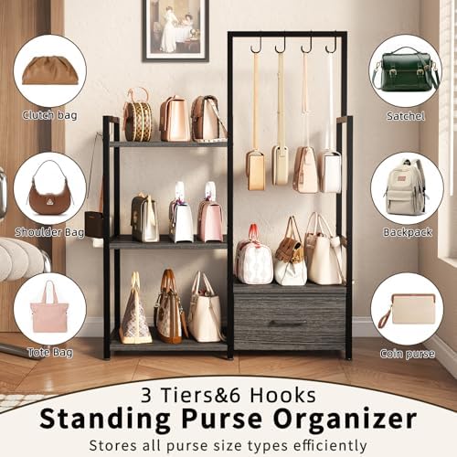 Handbag Organizer - 3 Tier Purse Storage Rack with Pull Out Drawer & 6 Hooks, High Capacity Handbag Holder Shelf, Metal Frame with Wood Shelves for Closet/Bedroom(Dark Grey) - Image 4
