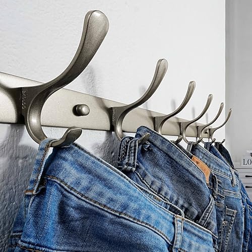 SKOLOO Coat Rack Wall Mounted - 6 Hooks, Pack of 2, Heavy Duty, Stainless Steel, Metal Wall Hanger, Sturdy Coat Hooks for Hanging Coats, Jacket, Clothes, Hat, Matte Grey - Image 2
