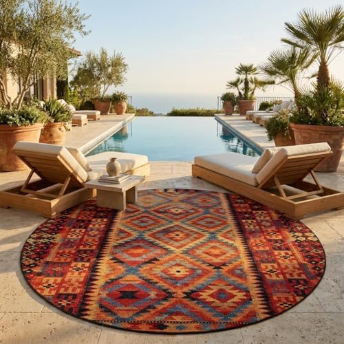 Unique Loom Outdoor Tribal Collection Area Rug - Tortuguero (10' Round, Multi/ Blue) by UniqueLoom