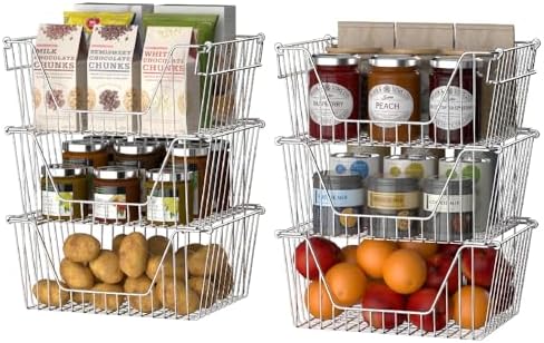 Slideep 14" Large Stackable Storage Baskets, Cabinet Organizer Sturdy Metal Wire Pantry Freezer Bin for Pantry Home Bathroom Kitchen Organization - Set of 8 - Image 3