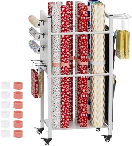 Wrapping Paper Storage Organizer with Wheels & Bag Storage, White by Khordin