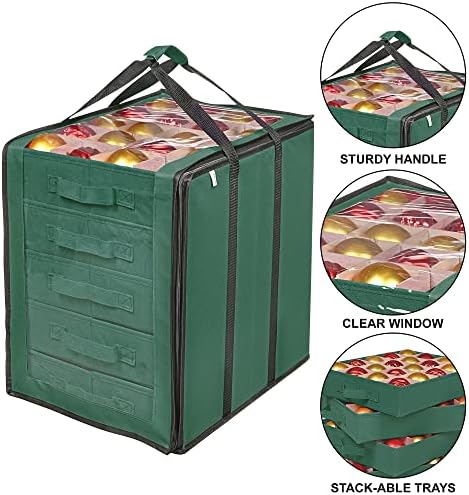 ProPik Christmas Ornament Storage Boxes with Dividers - 5 Separate Trays - Ornament Holder - Keeps 100 Holiday Ornaments - Durable Carrying Bag Handles Organizer Storage Box (Green) - Image 3