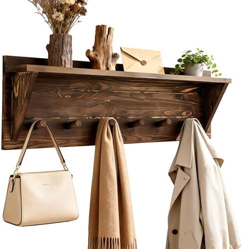 WEBI Coat Rack Wall Mount with Shelf,24" Long Entryway Wall Shelf with Hooks Underneath,6 Peg Hooks for Hanging Coats,Caps,Jacket,Clothes,Brown by WEBI