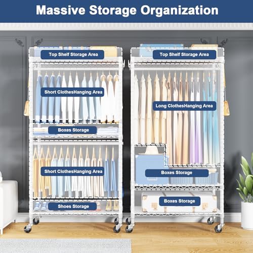 ULIFHOME P8C Heavy Duty Clothes Rack（With Extended Width Design） Rolling Clothing Racks for Hanging Clothes with Lockable Wheels，31.5" W x 15.8" D x 80.5" H，Max Load 600LBS，White Rack with White Cover - Image 3