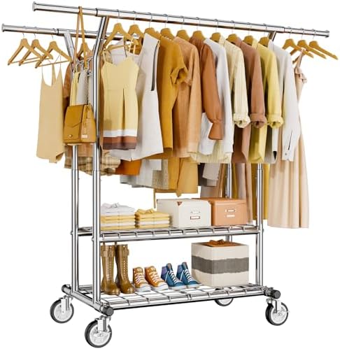 HYSEYY Heavy Duty Clothes Rack, Rolling Clothing Rack With Shelves Load 620 LBS, Double Rod Clothing Racks for Hanging Clothes, Portable& Adjustable Clothes Rack with Wheels Garment Rack by HYSEYY