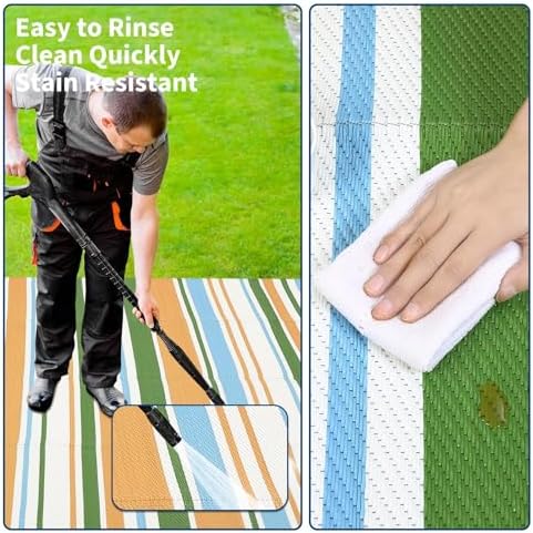 Garvee 8x10 Outdoor Rug Modern Striped Lines Plastic Straw Rug Yellow Blue - Image 6