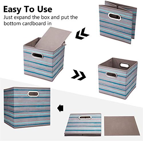 13 inch Collapsible Storage Cubes Bins Teal Stripes Fabric Storage Boxes Foldable Cube Inserts Storage Grey Printed Folding Cloth Storage Baskets Drawer Organizer ,QY-SC05-6 - Image 5