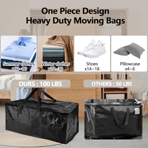 8 Pack Waterproof Moving Storage Bags, 100 lbs Extra Large Heavy Duty Totes with Reinforced Handles & Strong Zippers, Reusable Moving Box Alternative for Packing Moving Household Storage, 95L, Black - Image 5
