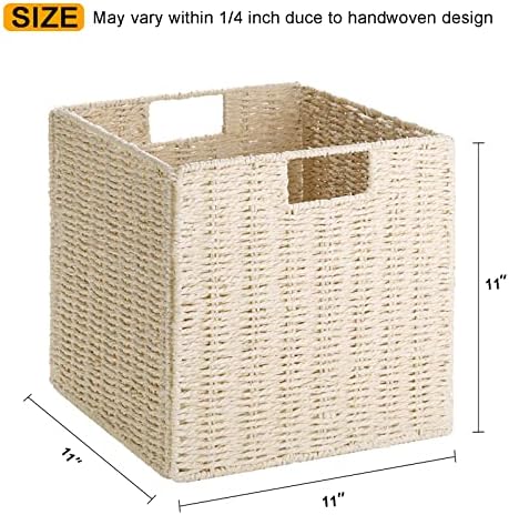 Vagusicc Wicker Storage Basket, Set of 2 Hand-Woven Paper Rope Storage Baskets, Foldable Cube Storage Organizer Bins, 11 Inch Wicker Storage Baskets for Shelves and Decor, Square Storage Basket, Beige - Image 2