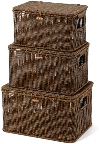 Nonam Wicker Storage Basket With lid, Large Stackable Plastic Bin, Brown by Home