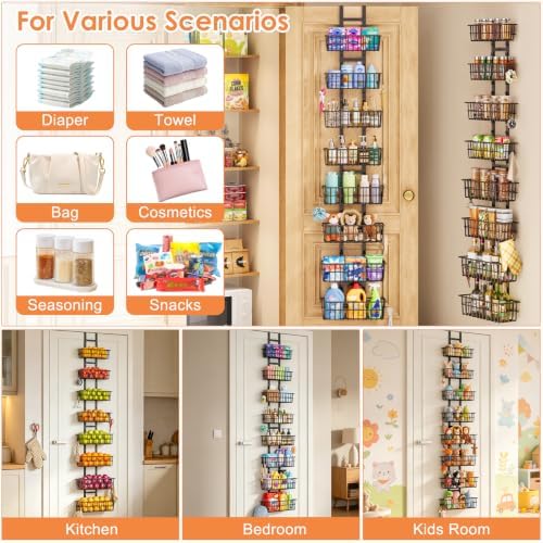 Hongtamoya 8 Tier Over The Door Organizer, Adjustable Hanging Door Organizer with 8 Wire Baskets 6 Hooks, Behind The Door Storage for Pantry Closet Bedroom Bathroom Cabinet Kitchen Laundry Room, Black - Image 7