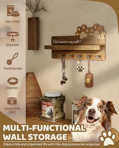 MTERSN Acacia Wood Dog Leash Holder for Wall with Shelf & 6 Hooks, Brown - Image 5