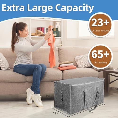 12 Pack-Extra Large Heavy Duty Moving Bags - Waterproof Storage Totes with Handles & Zippers, Foldable for College Dorm, Storage (Gray) - Image 3