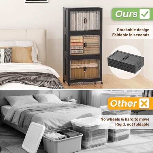 SAILUN 195Qt Stackable Storage Bins,Storage Cabinet with a Lid,3 Pack Black - Image 2