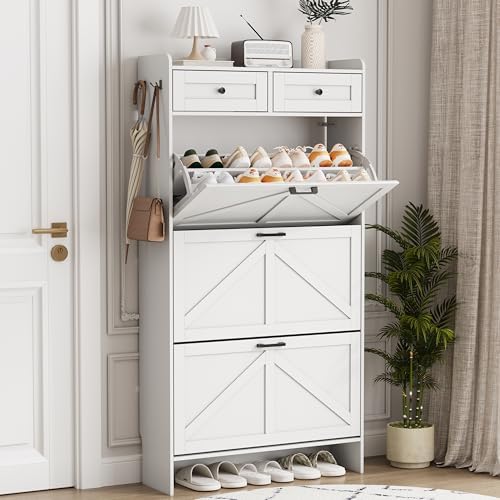 Shoe Cabinet with 3 Flip Drawers & 2 Top Drawers, 57" Tall Freestanding Narrow Wooden Shoe Storage Organizer for Entryway, Hidden Slim Shoe Rack for Front Door Entrance, Hallway, Living Room, White by Xixini