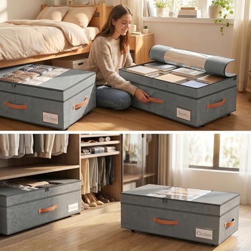 TOSKING 2-Pack Under Bed Storage Drawers with Wheels, 6 Vacuum Bags, Adjustable Height 7.9-10.2", Large 90L/80 lbs Clear Lid, 900D Oxford, Space Saver for Dorm Bedroom, Blankets, Clothes, Shoes, Gray - Image 6