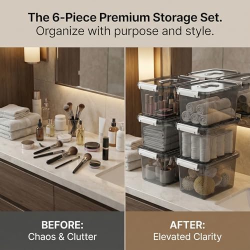 Stackable Plastic Black Storage Bins with Lids 6 Pack, 12 Quart Modular Organizer Boxes with Secure Latches for Closet, Pantry, Office and Small Item Storage - Image 5