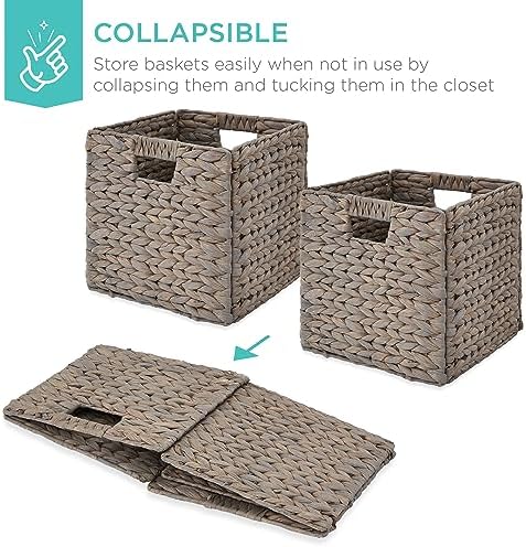 Best Choice Products 13x13in Pack of 5 Cube Storage Baskets, Water Hyacinth Multipurpose Collapsible Organizers, Handwoven Laundry Totes for Laundry, Living Room, Kids Room & Nursery - Gray - Image 3