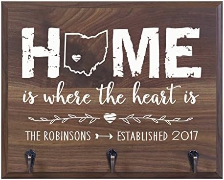 Rooms Organized Personalized Home is Where The Heart is Wall Mounted Coat, Hat, Key, Pet Leash Collar Rack New Home Gifts with 3 Hooks 15" w x 12" h 4.25" deep (Home is Where) by Unknown
