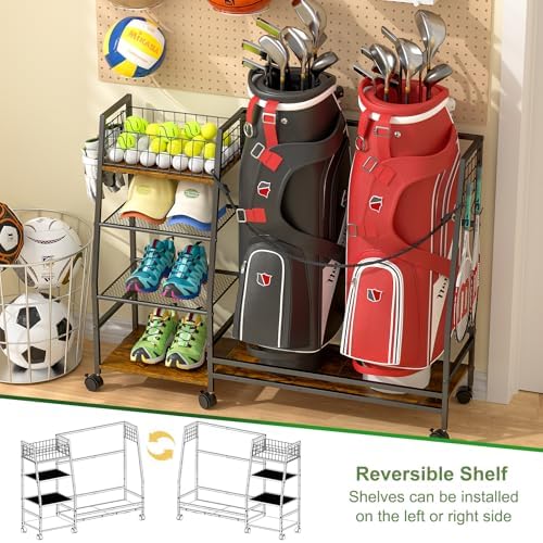DAOUTIME Golf Bag Storage Rack for Garage with Wheels, Organizer for Golf Bag and Equipment Accessories, Golf Organizer Stand Ideal for Home, Garage, Club, Shed, Basement - Sturdy and Durable (Black) - Image 2