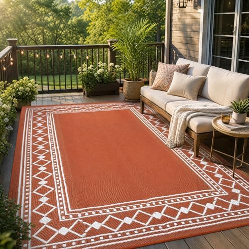 GlowSol 9x18 Outdoor Rug Waterproof Reversible Patio Mat, Heavy Duty Plastic Straw Rug for RV Camping Deck Backyard Beach, Foldable Indoor Outdoor Carpet Stain Resistant Outside Rugs, Orange/White by GLOWSOL