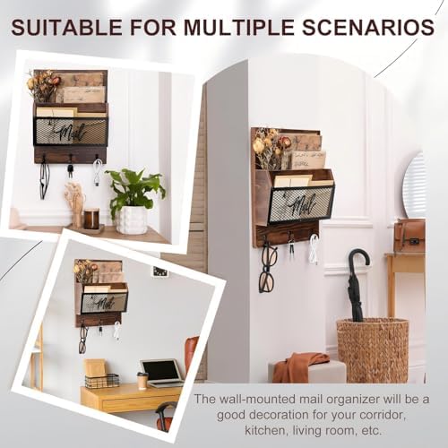 Yalikop Farmhouse Mail Organizer Wall Mounted Rustic Mail Holder Hanging Key Sorter with 3 Hooks Indoor Wooden Wall Mounted, Letter, Magazines, Newspapers, Keys(Classics,Brown) - Image 6