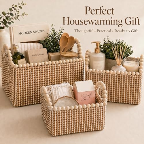 Handwoven Seagrass Shelf Baskets, Set of 3 Decorative Storage Bins with Bead-Accented Handles, Vietnamese Woven Baskets for Entryway, Bathroom, Bedroom, and Living Room - Image 4