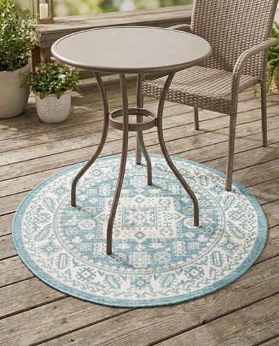 Rugs.com - Outdoor Aztec Rug – 3 Ft Round Aqua Indoor/Outdoor Rug – Washable & Stain-Resistant, Perfect for Patios, Decks, and Porches by Rugscom