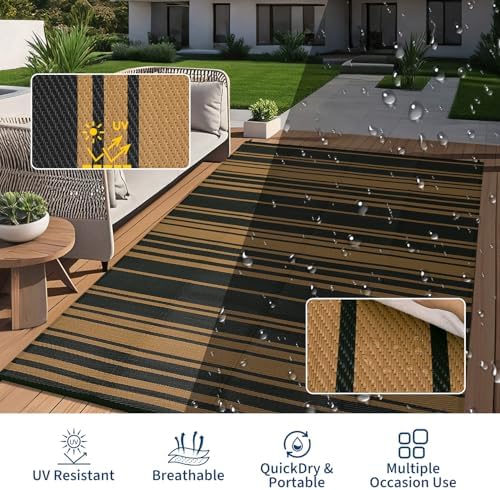 GAOMON 9x12 Modern Striped Reversible Outdoor Rug Waterproof UV-Resistant Portable Outdoor Large Carpet Mat Geometric Lines Plastic Straw Outdoor Rug for Camping Patio Balcony Picnic Black Brown - Image 5