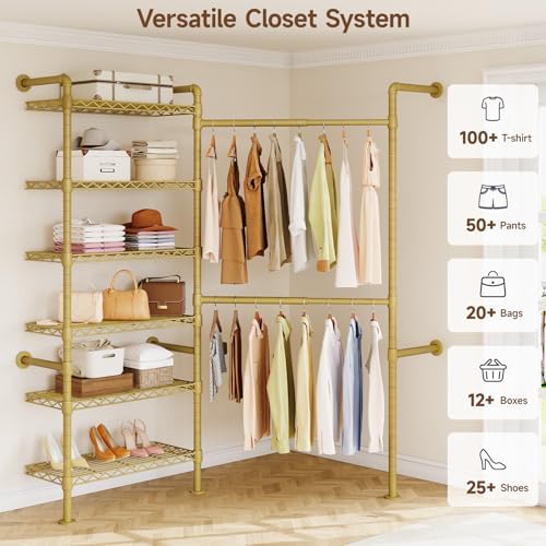 ONBRILL L2 Wall Mounted Closet System, Industrial Pipe Clothing Rack, Gold - Image 3