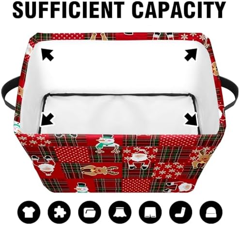 Christmas Baskets,Christmas Red Grid Elk Snowman Foldable Storage Bins with Handles, Decorative Cloth Organizer Storage Boxes 2 2piece - Image 5