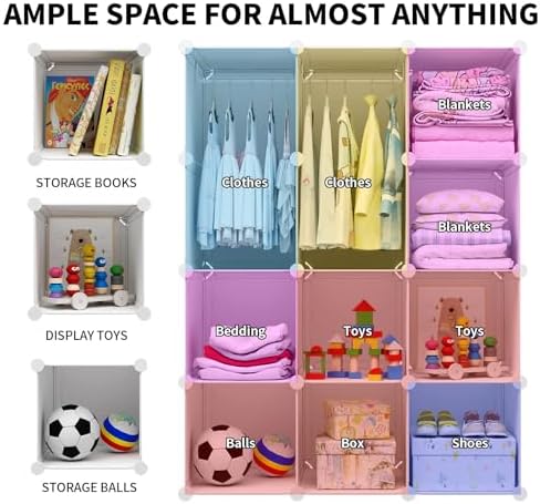 VIPZONE Baby Closet,Dresser, Kids Closet Organizers, Portable Kids Wardrobe for Closet, Bedroom, Nursery, Cubby, Cabinet, Clothes, Dress, Baby Storage Shelf, Armoire Clothes Hanging (12 Cube, White) - Image 5