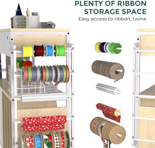 Wrapping Paper Storage & Organizer, Craft Cart with Ribbon & Gift Bag Storage, Wrapping Paper Organizer Holder(3 Wooden Drawers- Oak) - Image 5