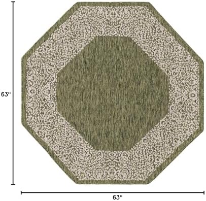 Unique Loom Outdoor Border Collection Area Rug - Floral Border (5' 3" Octagon, Green/ Ivory) - Image 2