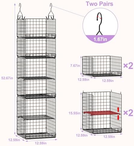 6 Tier Hanging Closet Organizers and Storage Stackable Hanging Closet Shelves with 4 Hooks 2 Adjustable Dividers, Wire Storage Basket Bins for Clothing Purse Sweaters Shoes Socks Dolls, Foldable - Image 3
