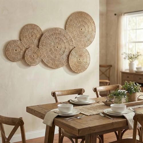 Acidea Jute Wall Decor Baskets, Set of 6 Extra Large Woven Rattan Wall Plates, Boho Decorative Wicker Hanging Baskets for Wall Arts, 22", 21", 15", 13", 11", 10", for Bedroom, Living Room, Entryway - Image 7