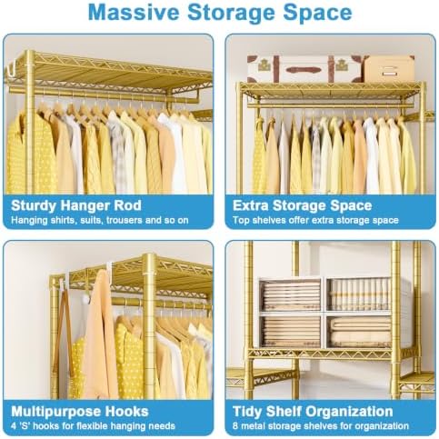 Ulif E4 Plus Heavy Duty Clothes Rack, Gold Metal Closet Storage System - Image 6