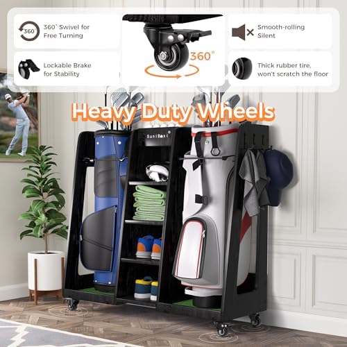 SuniBoxi Wooden Golf Bag Organizer with Wheels, 2-Bags Storage, Dark Black - Image 5